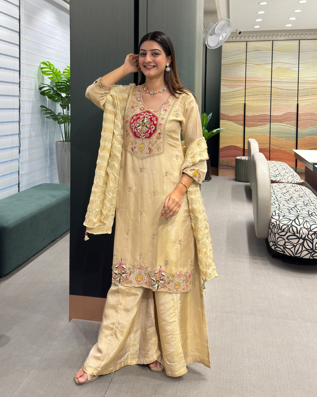 Elegant Golden Beige Handwork Three Piece Suit Set