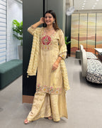 Elegant Golden Beige Handwork Three Piece Suit Set