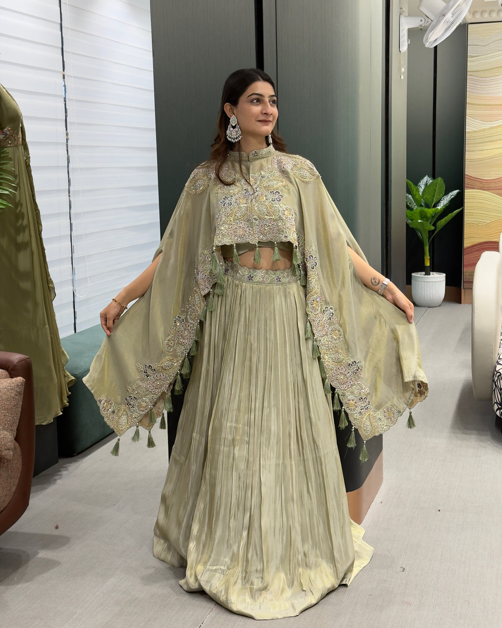 Sage Green Designer Handworked Cape Style Lehenga Set with Inner