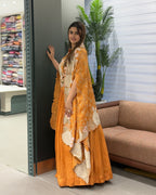 Elegant Mustard Yellow Handworked Inner, Coti & Lehenga Set