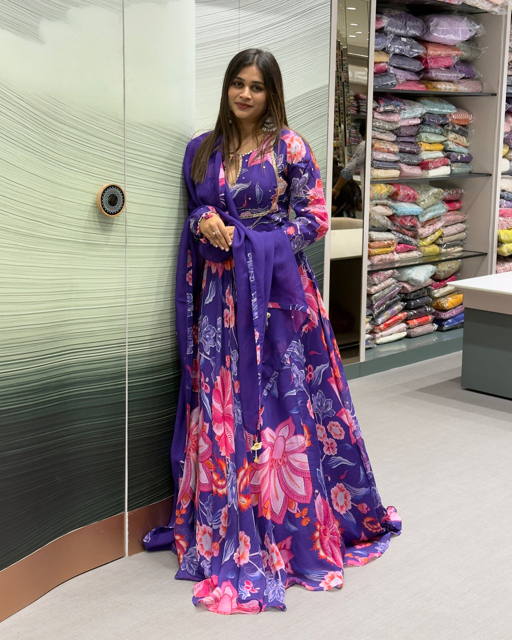 Royal Purple Floral Handwork Gown Set with Dupatta