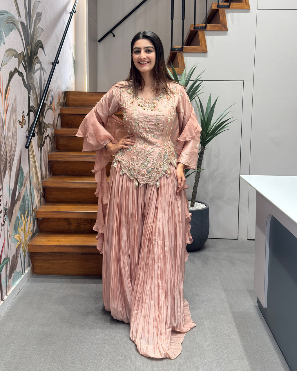 Elegant Blush Pink Handworked Palazzo Suit Set with Dupatta