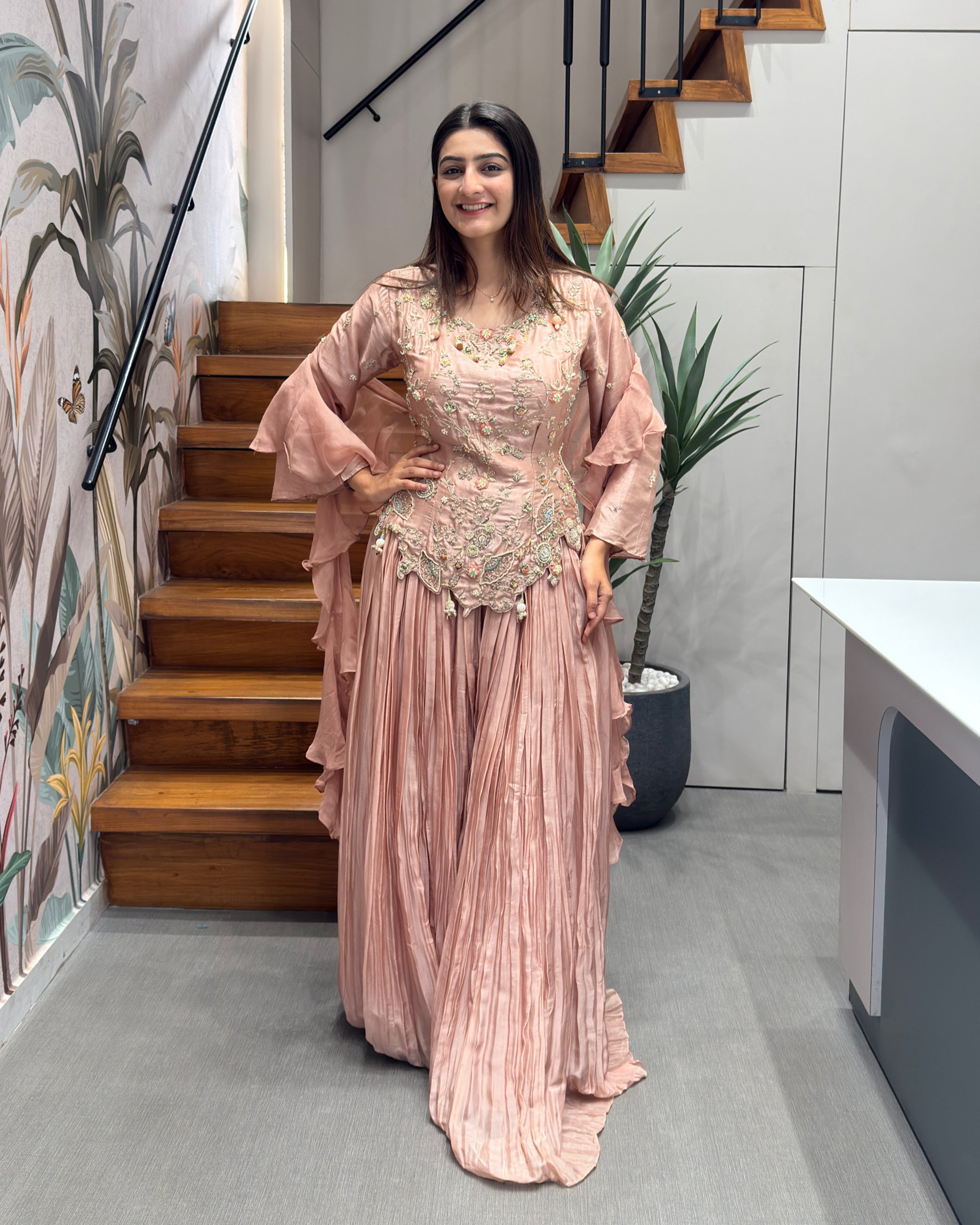 Elegant Blush Pink Handworked Palazzo Suit Set with Dupatta
