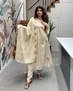 Elegant Handworked & Thread Work Kurti Set with Dupatta