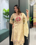 Elegant Golden Beige Handwork Three Piece Suit Set