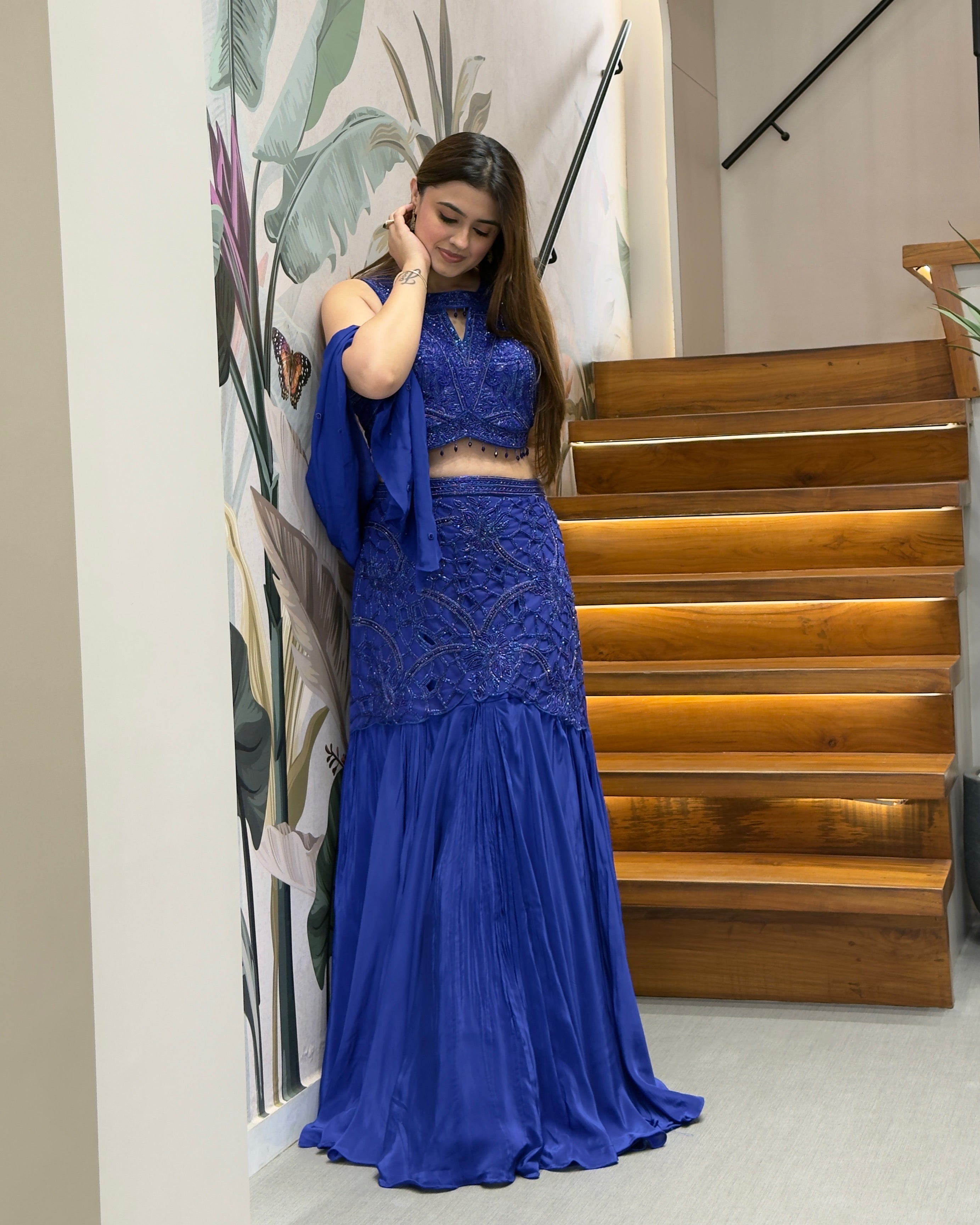 Royal Blue Pure Handworked Fish Cut Lehenga Set with Designer Blouse & Dupatta