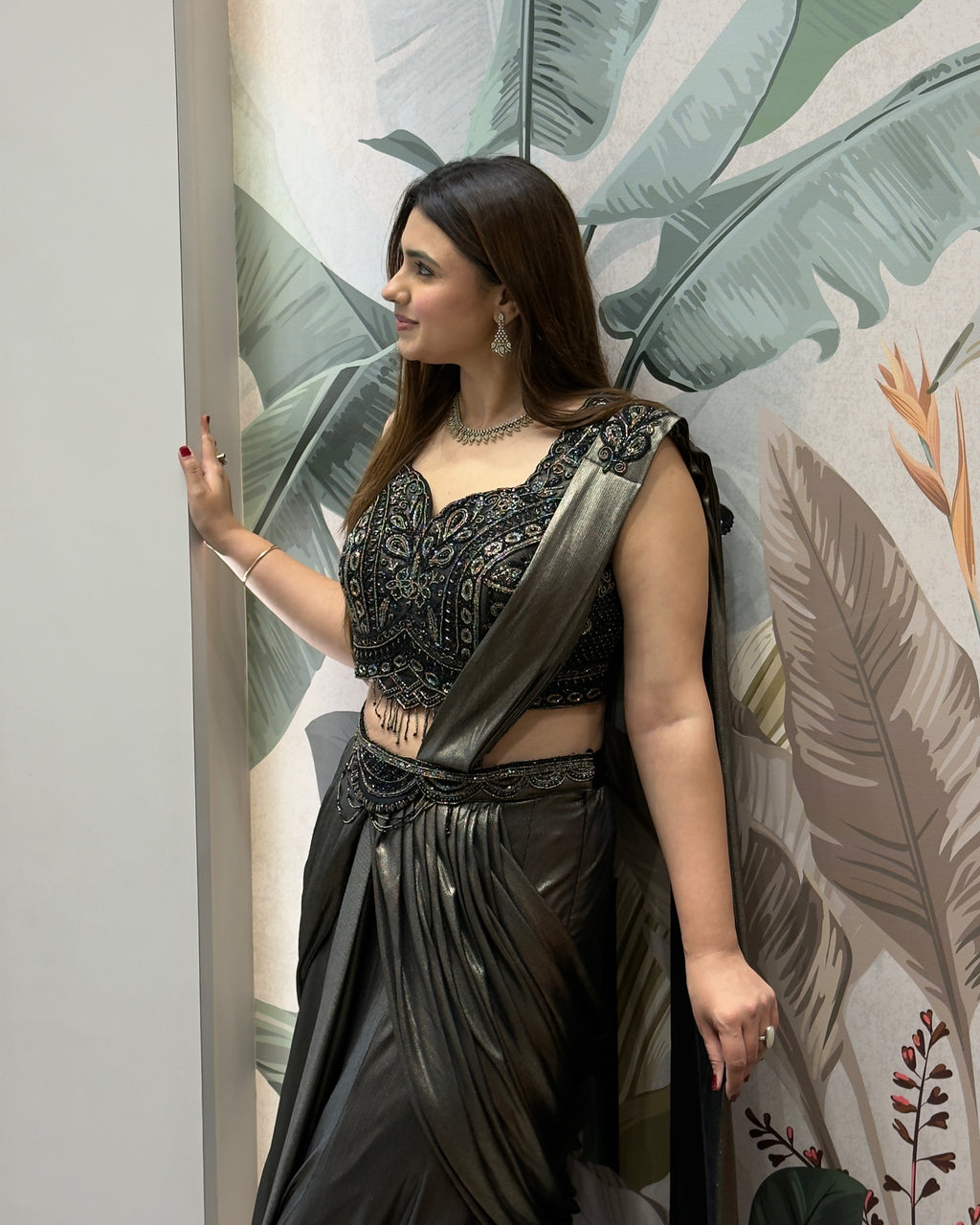 Black & Antique Gold Handworked Draped Fish Cut Saree Set with Attached Dupatta