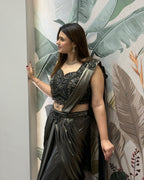 Black & Antique Gold Handworked Draped Fish Cut Saree Set with Attached Dupatta