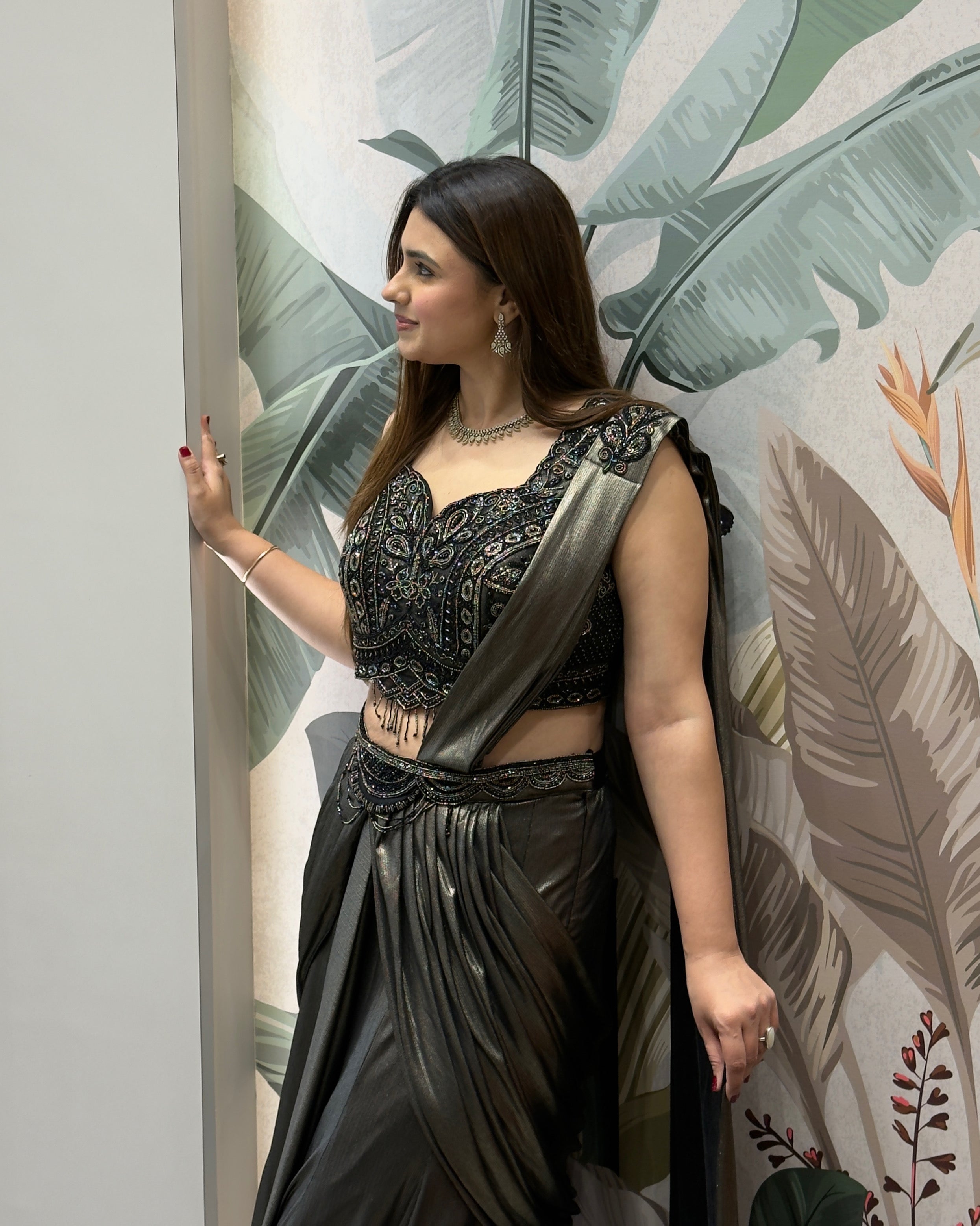 Black & Antique Gold Handworked Draped Fish Cut Saree Set with Attached Dupatta