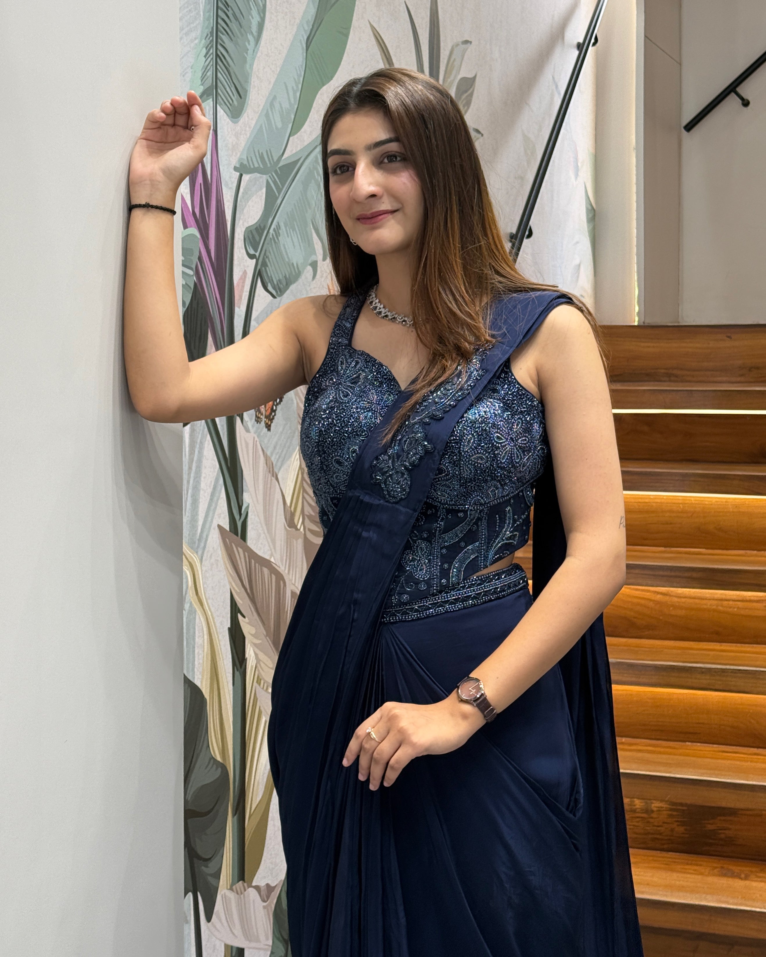 Designer Ready-to-Wear Navy Blue Saree with Handwork Blouse