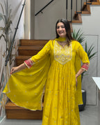 Elegant Mustard Yellow Handwork Three Piece Suit Set