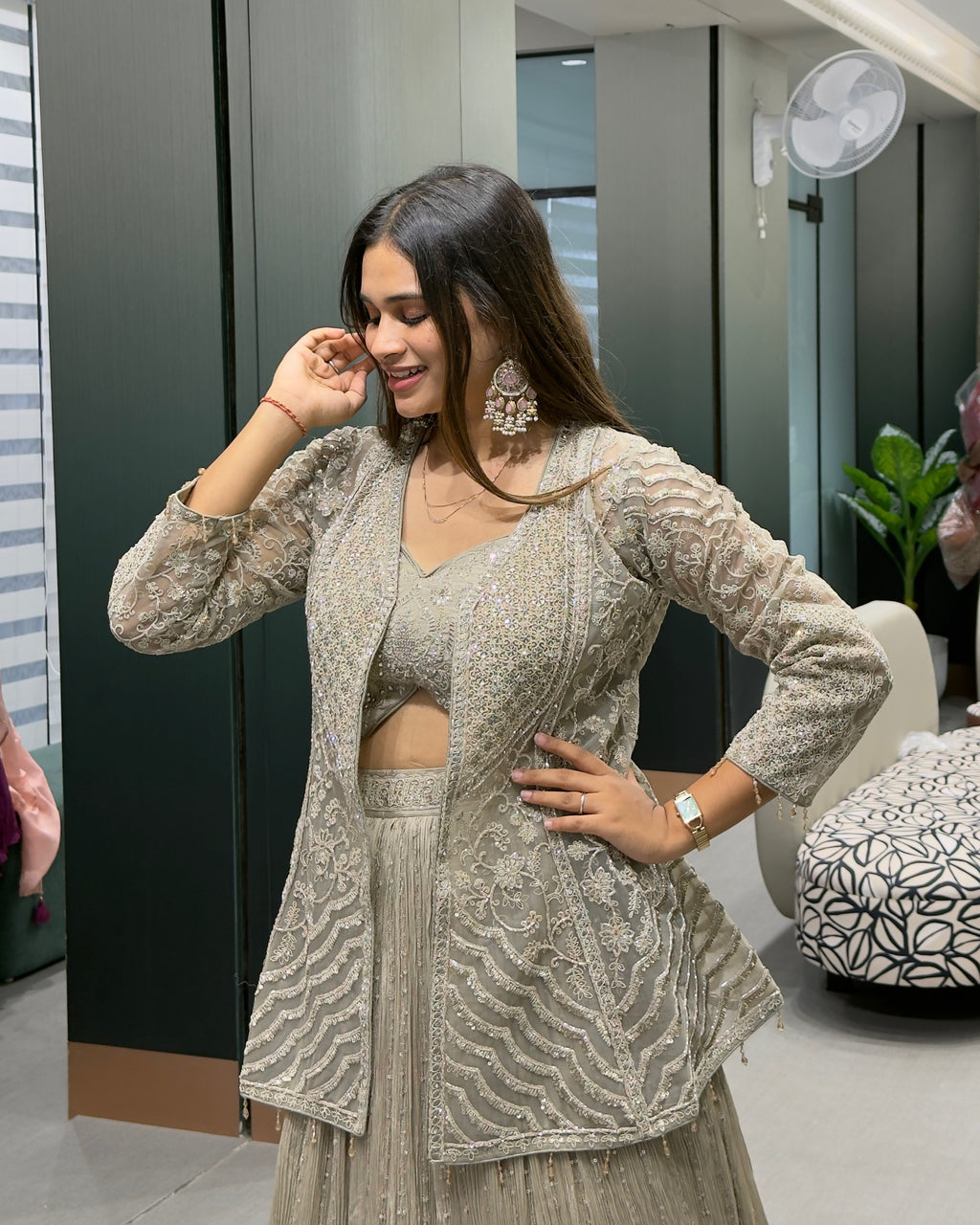 Dusty Grey Designer Handworked Koti Style Lehenga Set with Inner