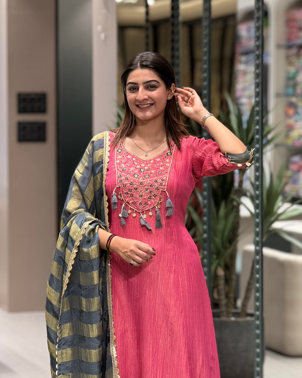 Pink with Grey Dupatta
