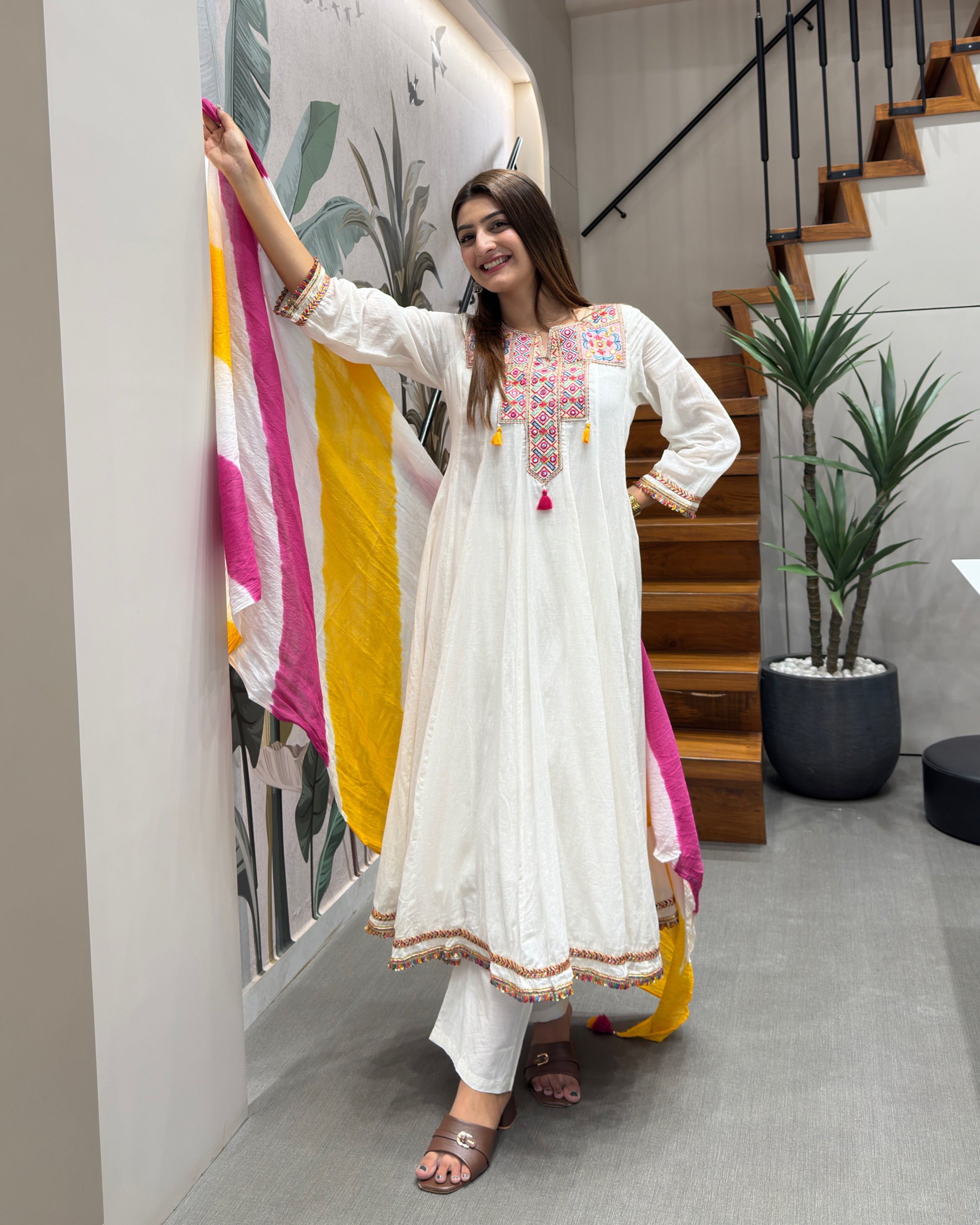 White with Yellow & Pink Multi-Colour