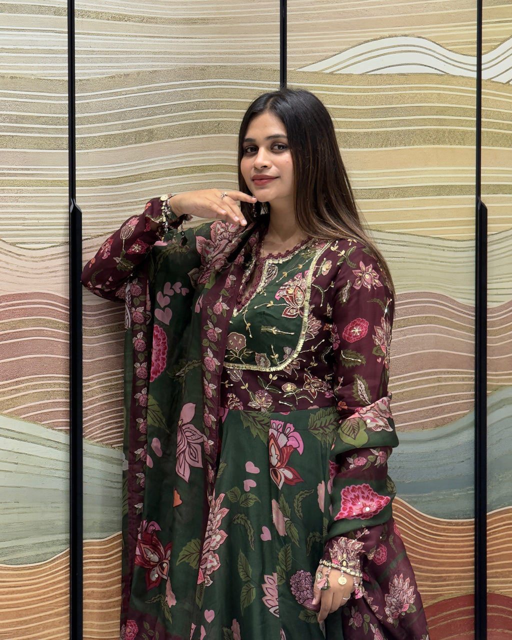 Bottle Green Floral Handwork Gown Set with Dupatta
