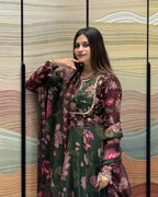 Bottle Green Floral Handwork Gown Set with Dupatta