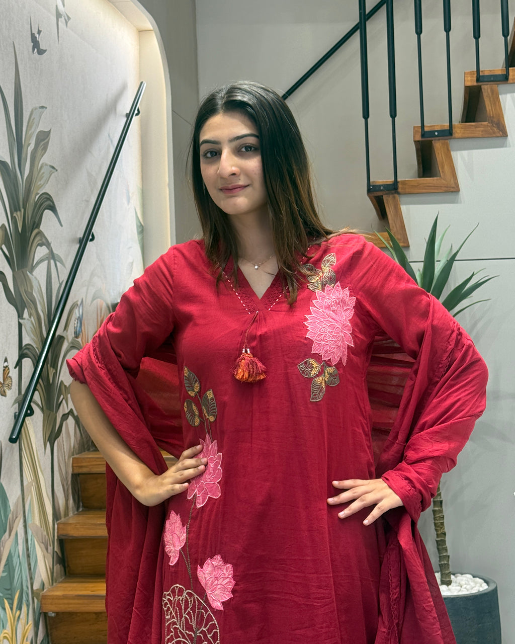 Crimson Bloom Cotton Embroidered Suit Set