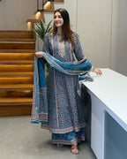 Printed Full Length Kurti with Full Flair Palazzo & Dupatta Set