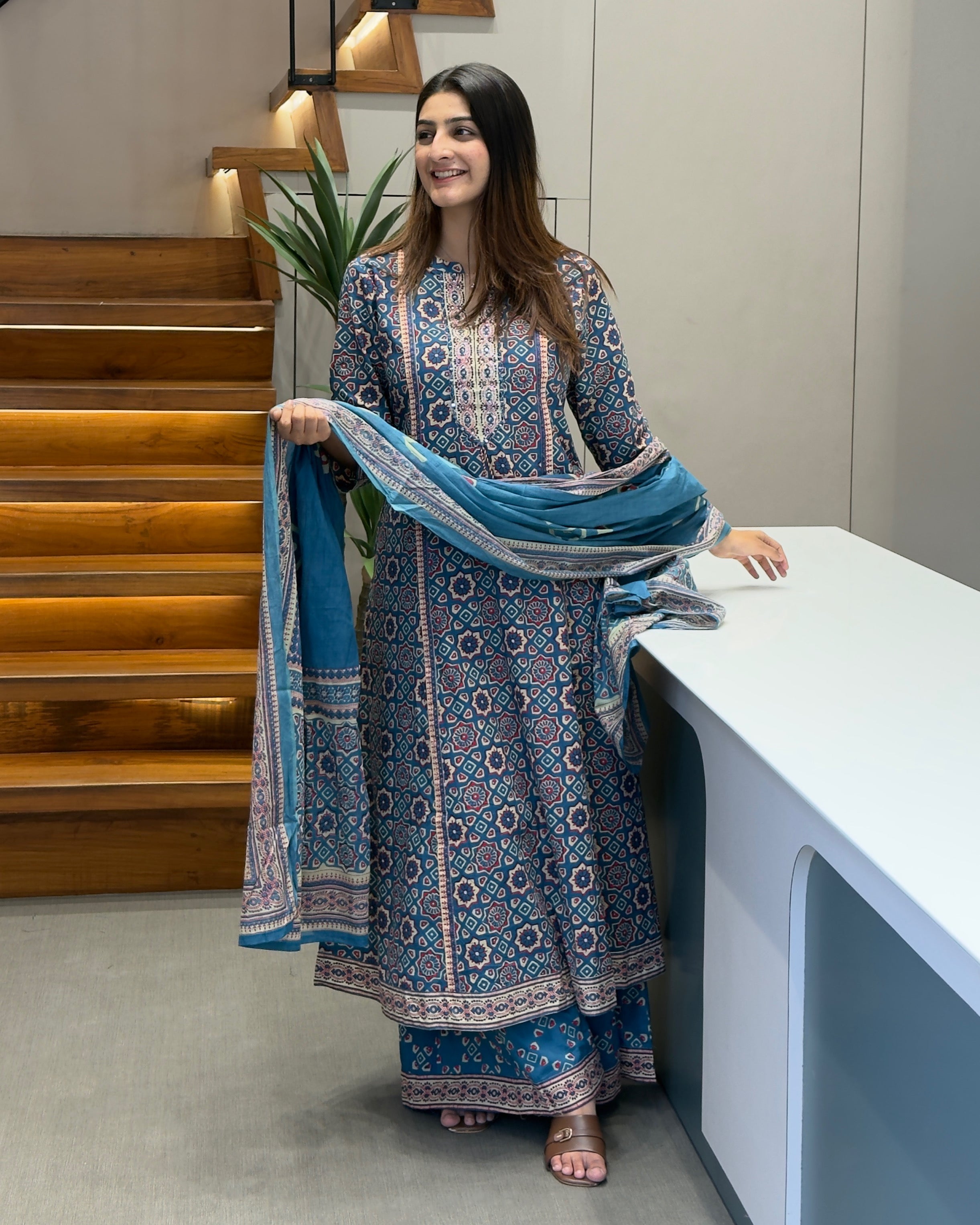 Printed Full Length Kurti with Full Flair Palazzo & Dupatta Set
