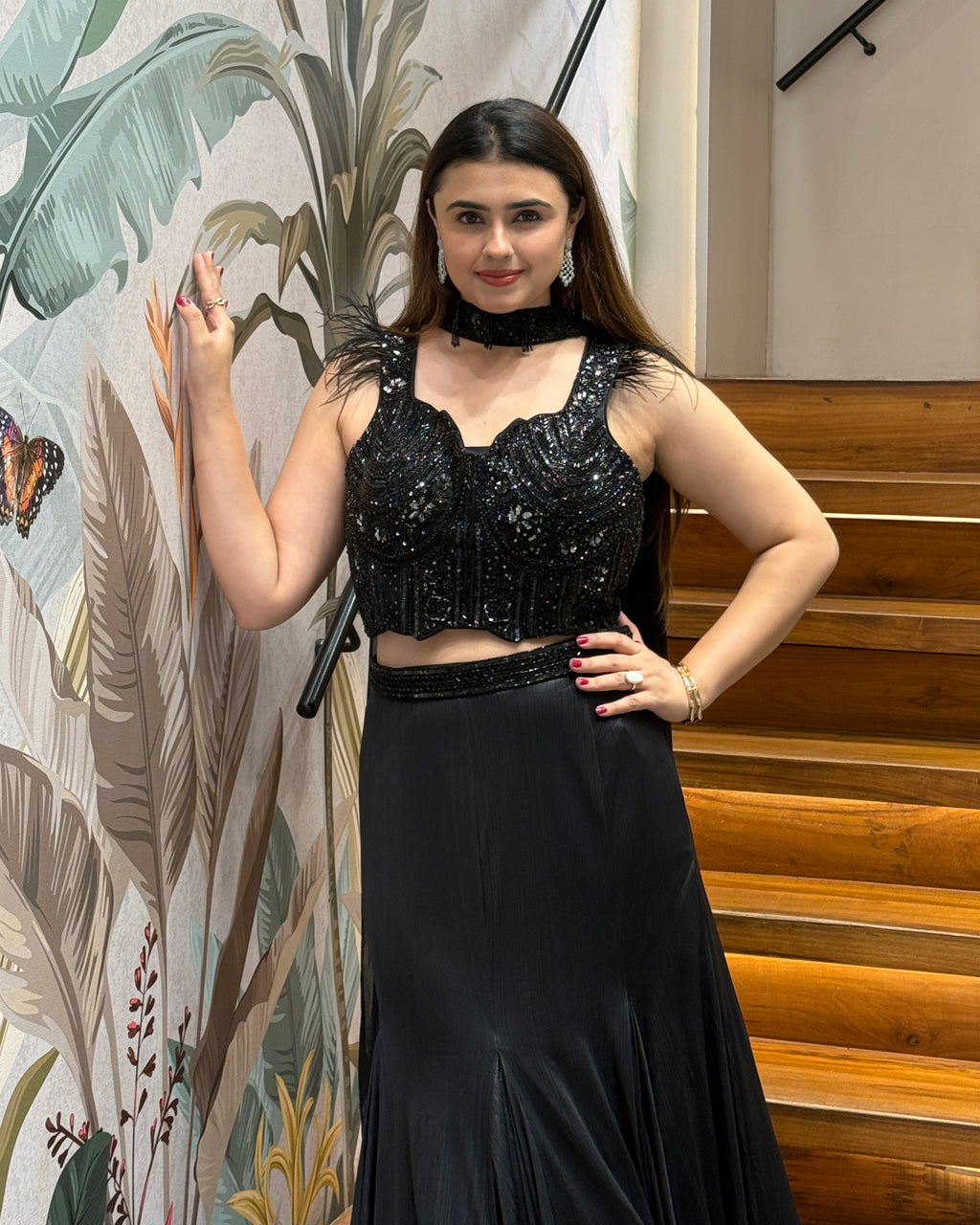 Designer Black Indo-Western Lehenga Set with Handworked Blouse