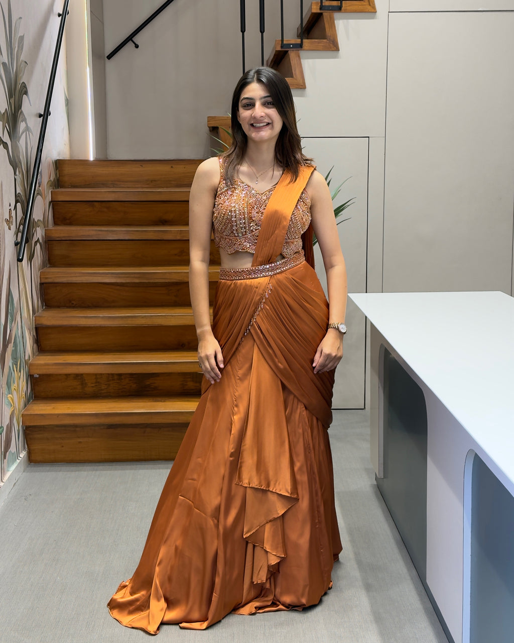Rust Brown Designer Handworked Fish Cut Lehenga Set with Attached Dupatta