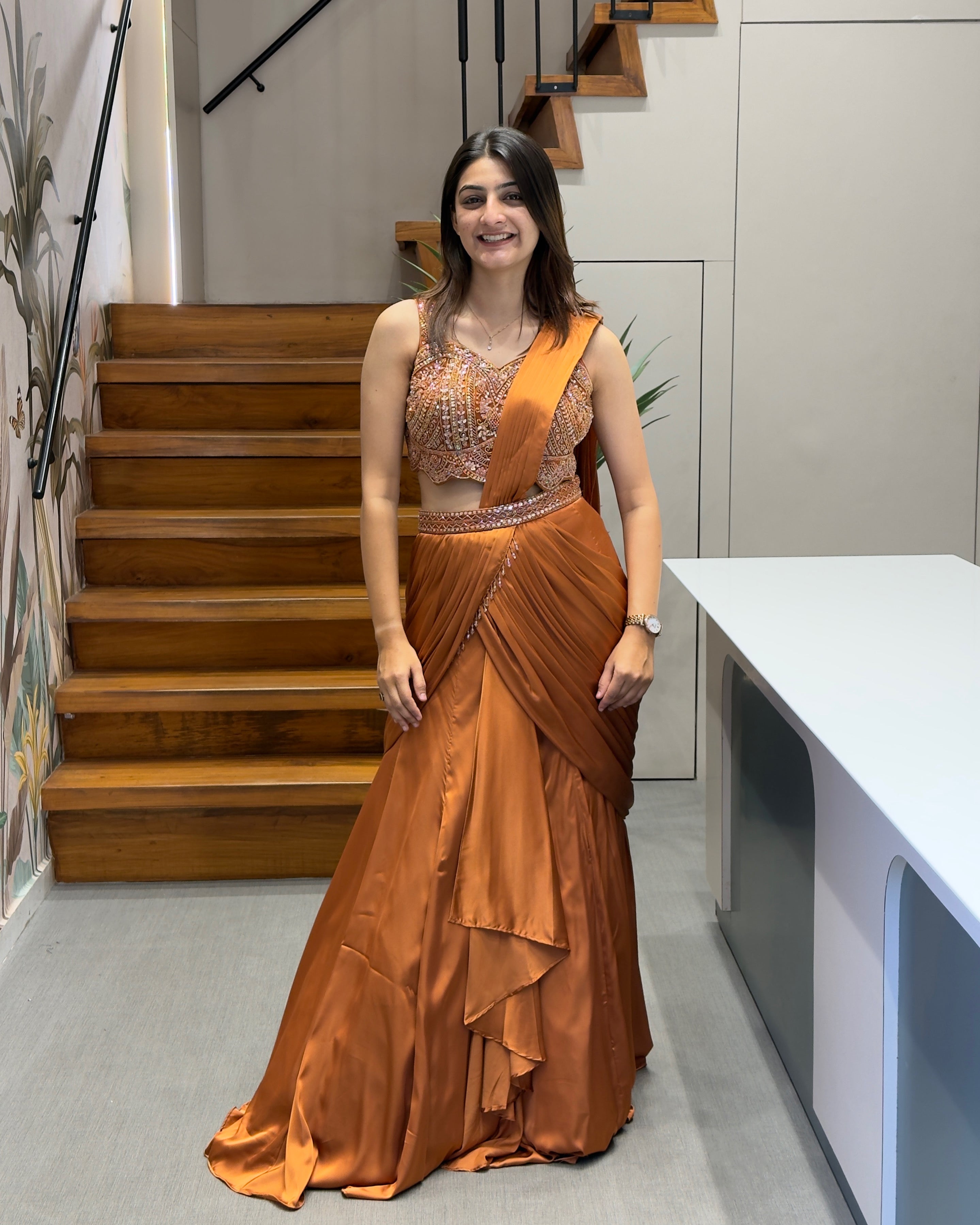 Rust Brown Designer Handworked Fish Cut Lehenga Set with Attached Dupatta