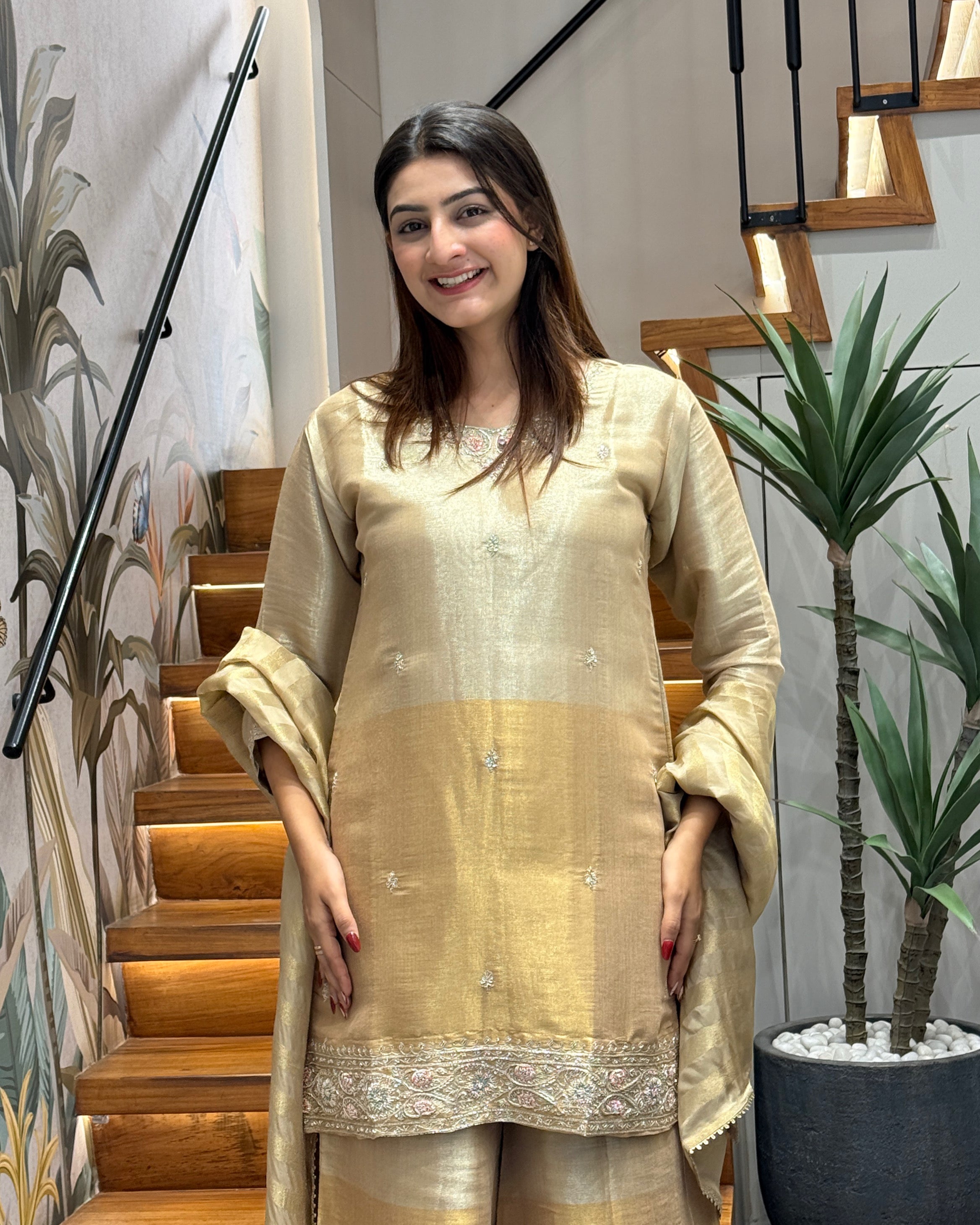 Elegant Champagne Gold Handworked Palazzo Set with Dupatta