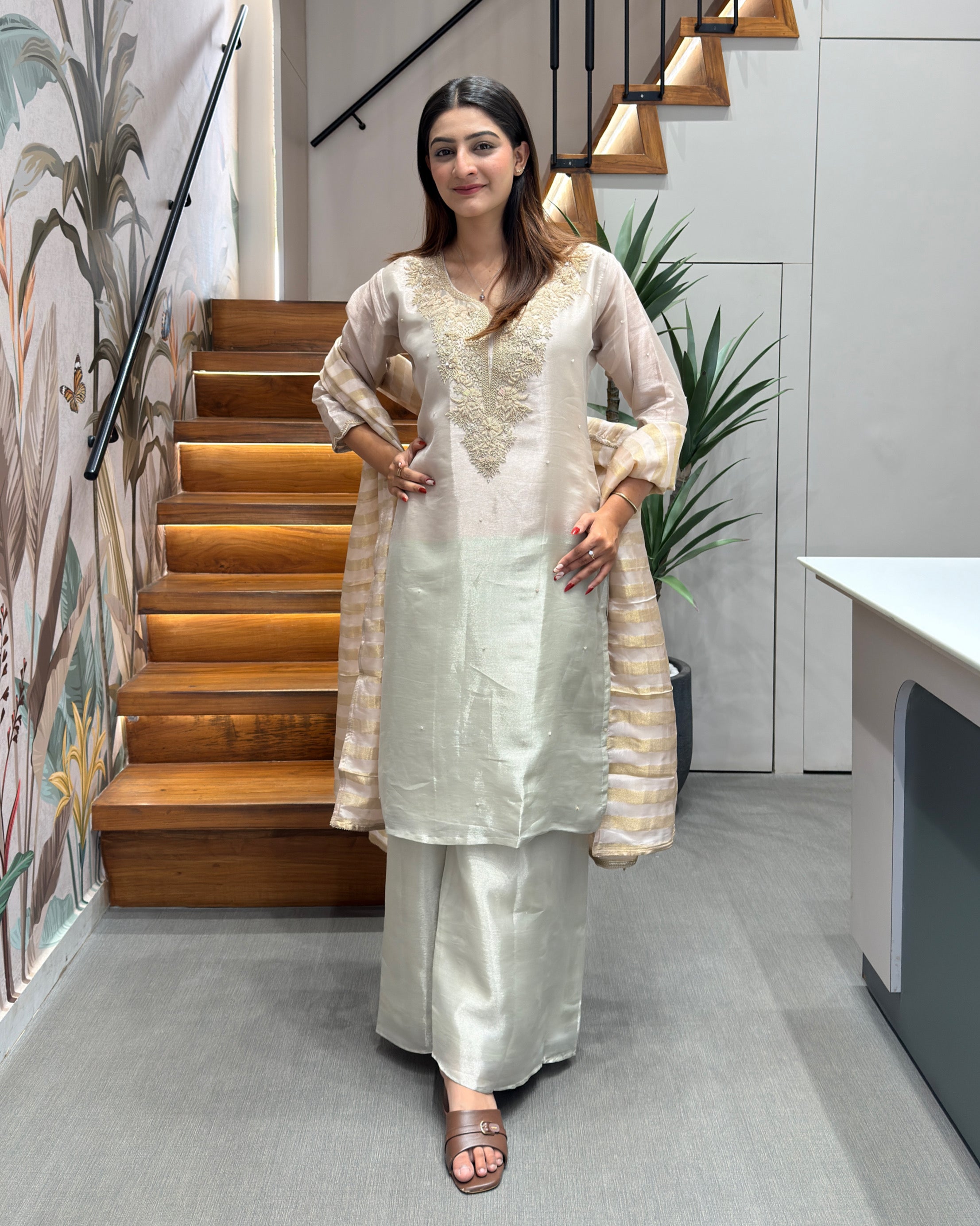 Elegant Ivory Handworked Palazzo Set with Designer Dupatta