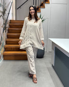 Elegant Beige Mirror Work Cotton Linen Co-Ord Set