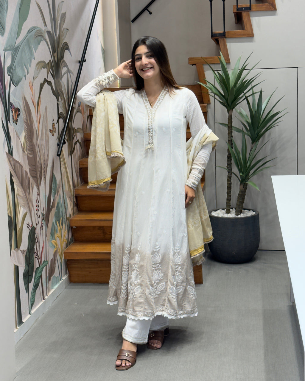 Elegant Ivory & Beige Dual Tone Cotton Three Piece Suit Set