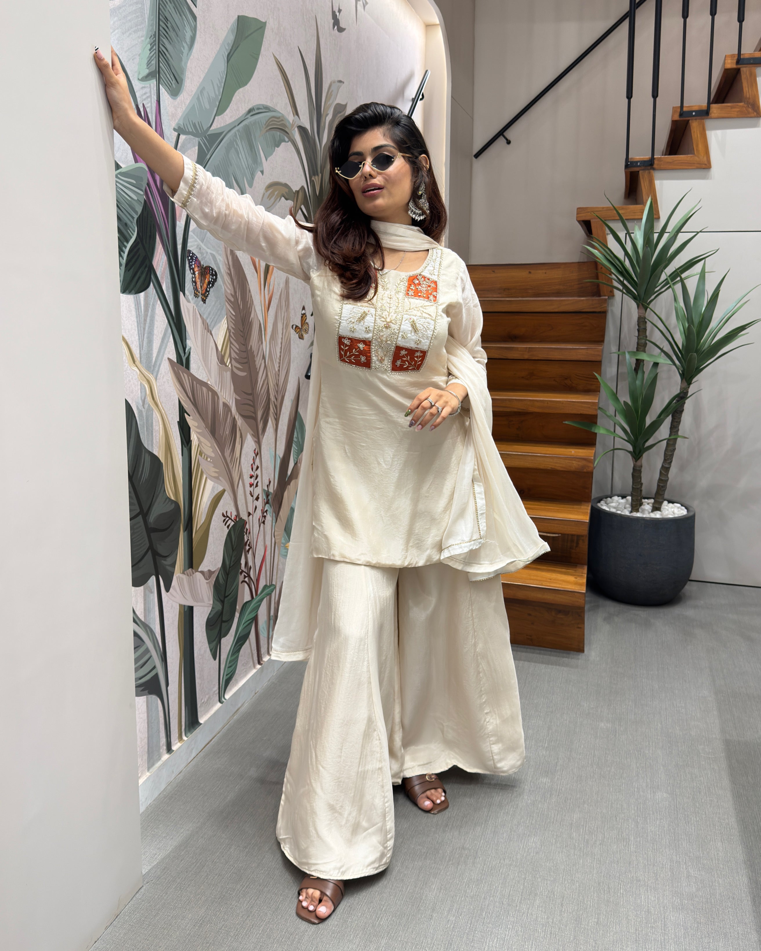 Elegant Ivory Handworked Palazzo Set with Dupatta