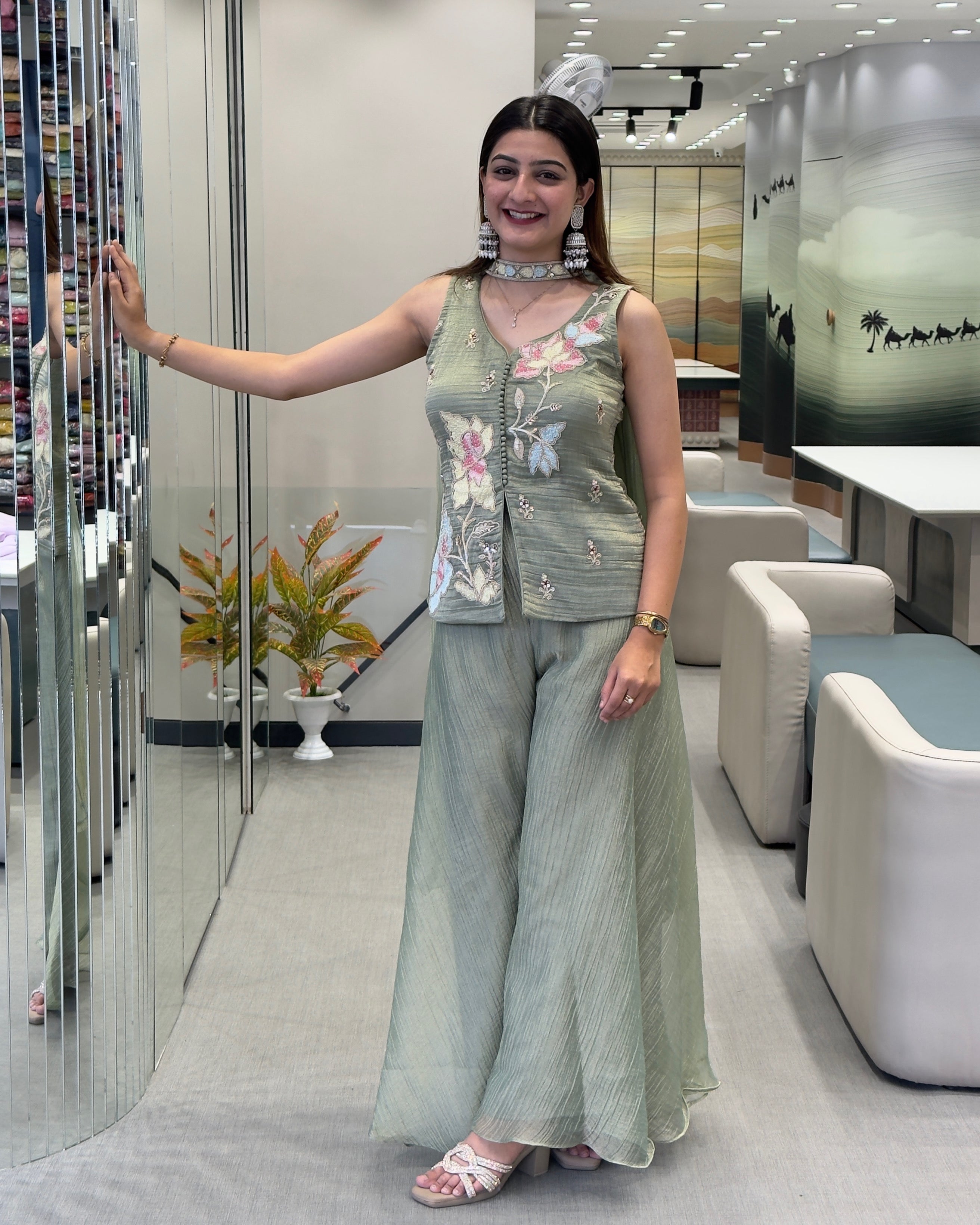 Floral Handwork Palazzo Co-Ord Set with Dupatta