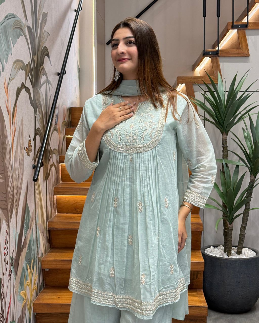 Elegant Mint Green Handworked Palazzo Set with Dupatta