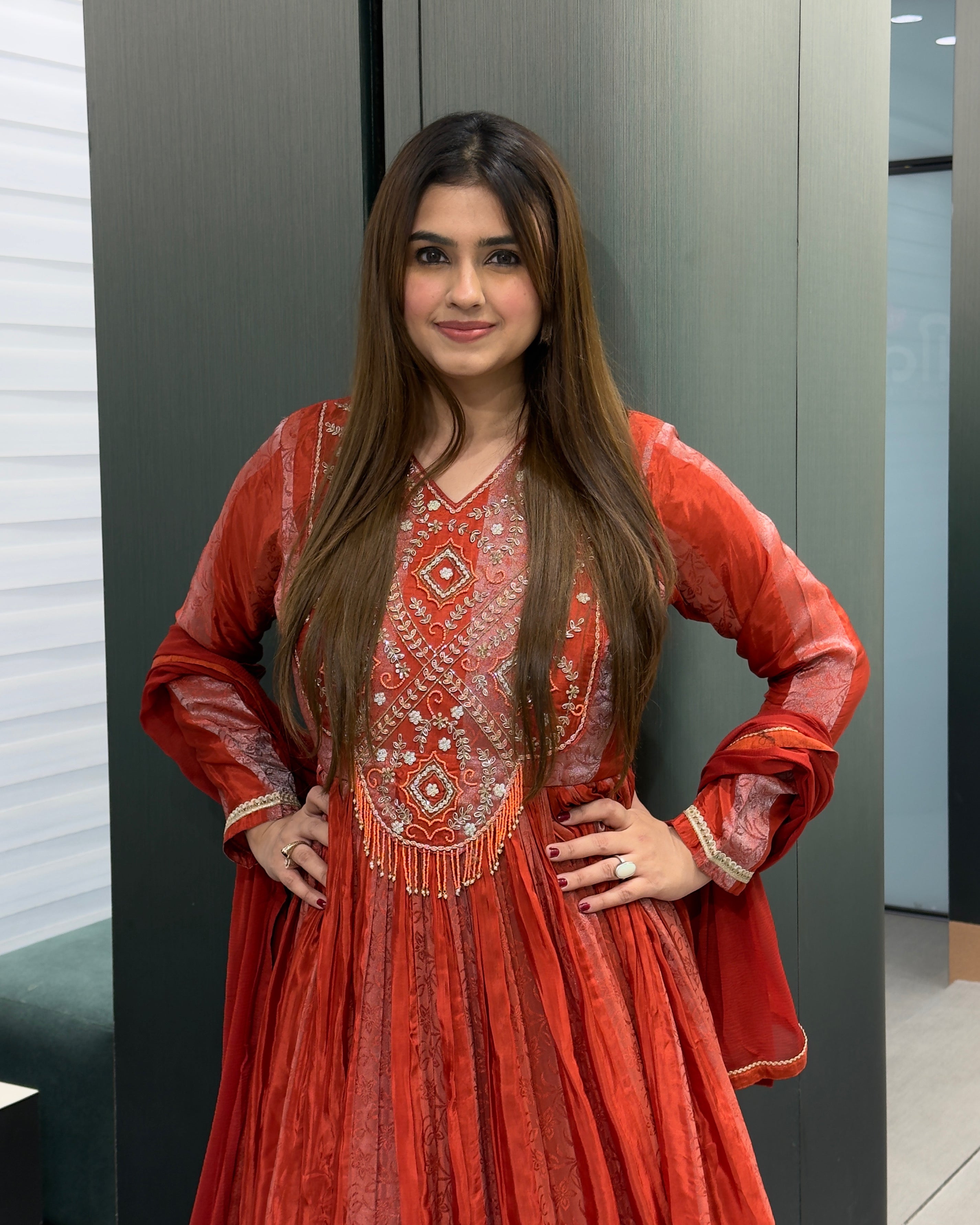 Elegant Red & Orange Handworked Anarkali Gown with Dupatta