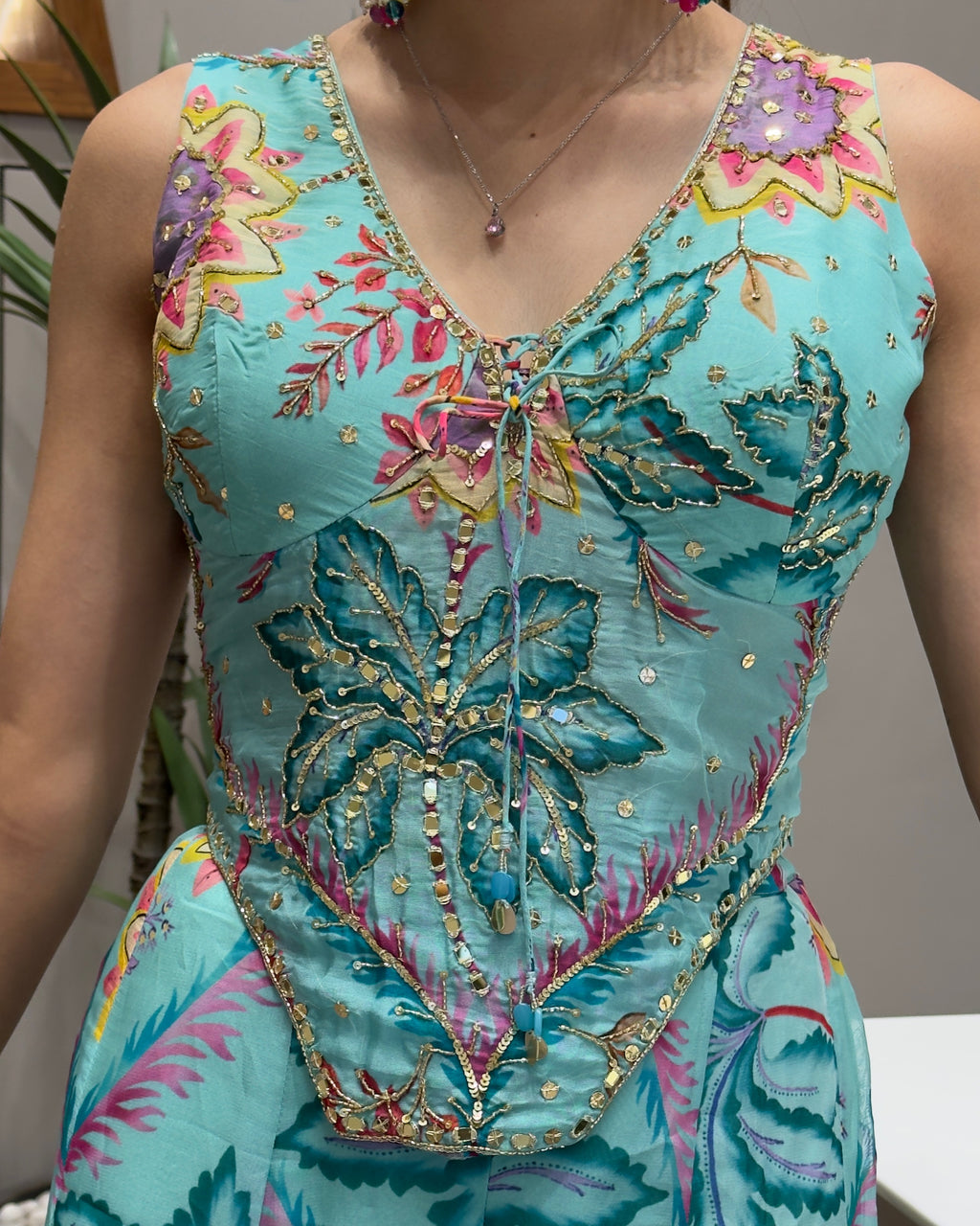 Designer Floral Handworked Palazzo Set with Dupatta