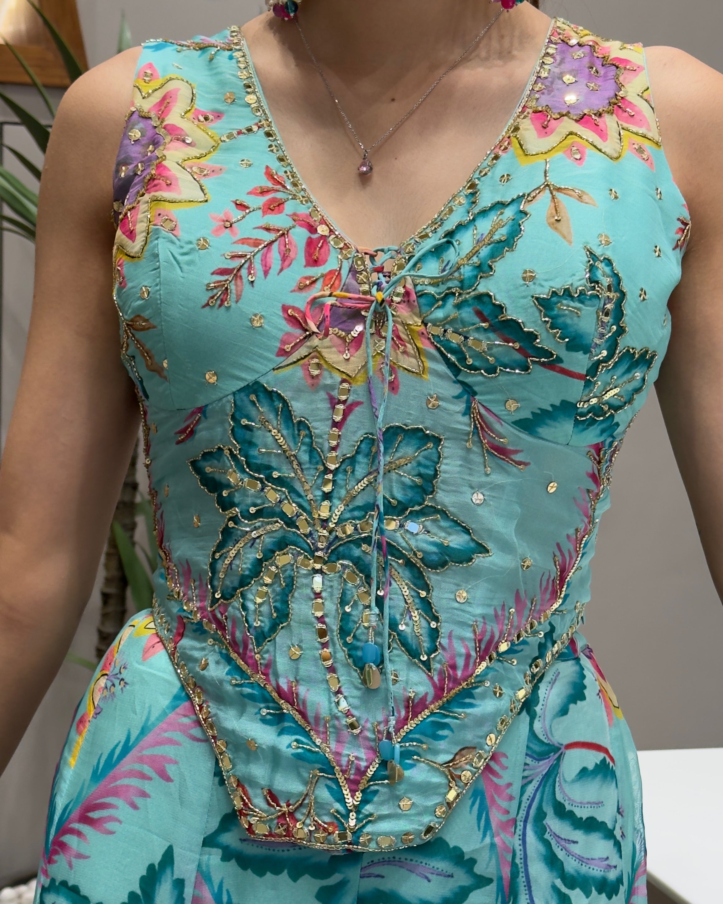 Designer Floral Handworked Palazzo Set with Dupatta