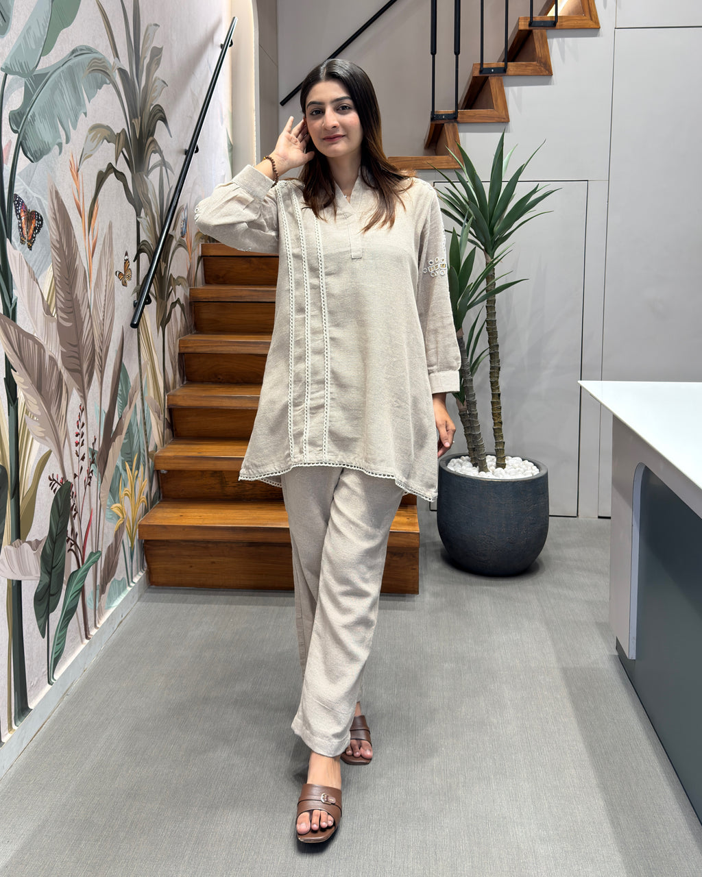 Elegant Beige Mirror Work Cotton Linen Co-Ord Set