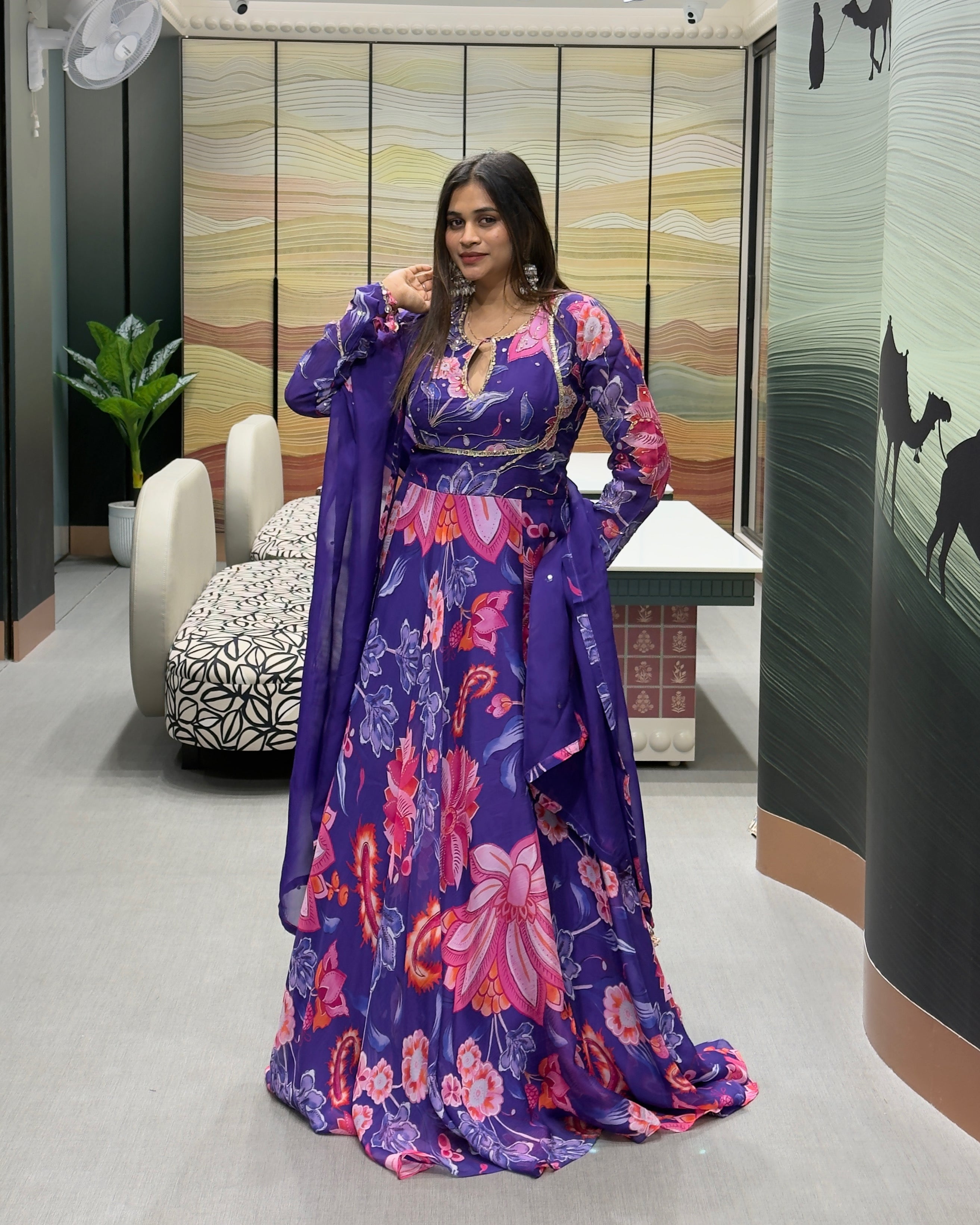 Royal Purple Floral Handwork Gown Set with Dupatta
