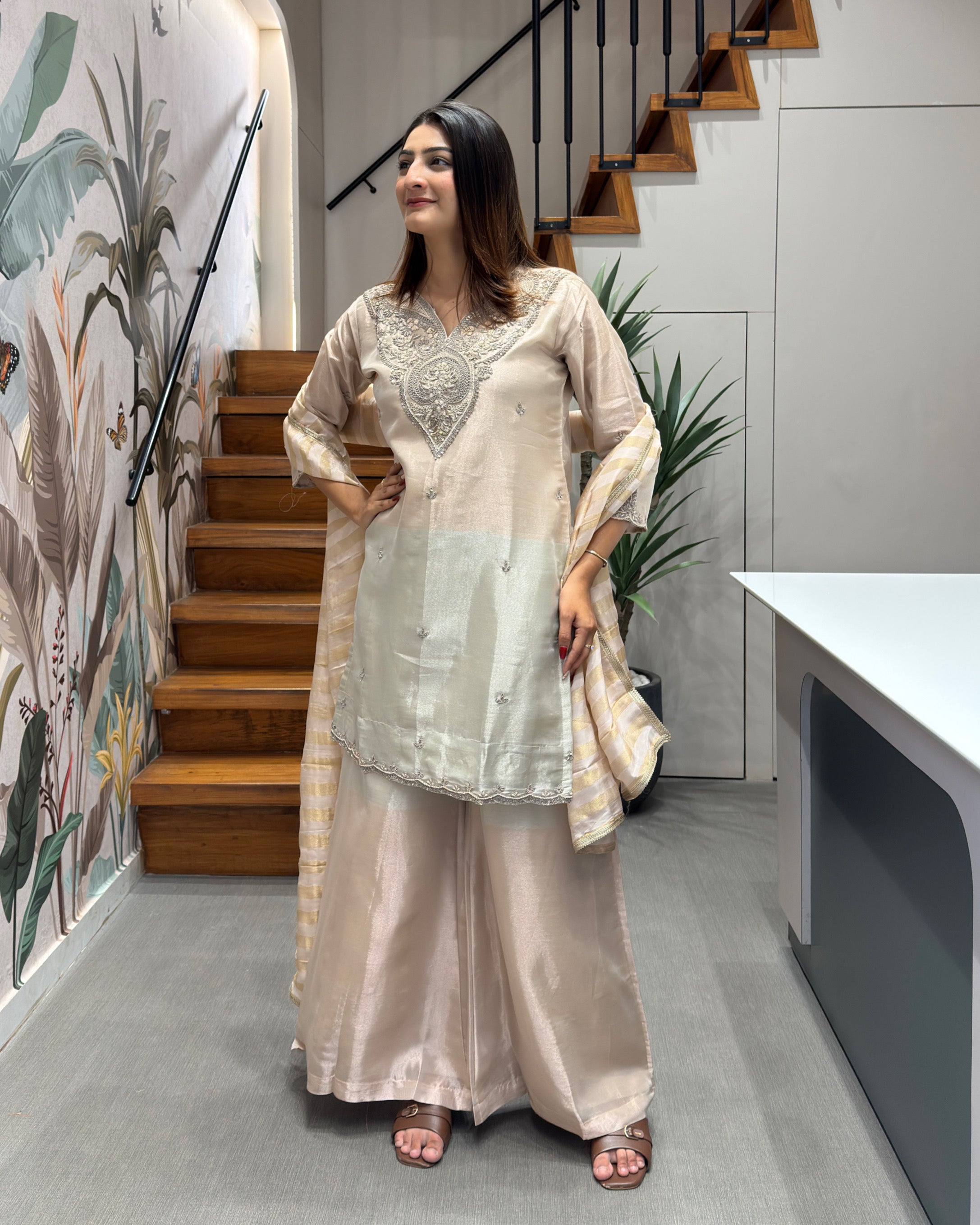 Elegant Handworked Tissue Silk Kurta Palazzo Set with Designer Dupatta