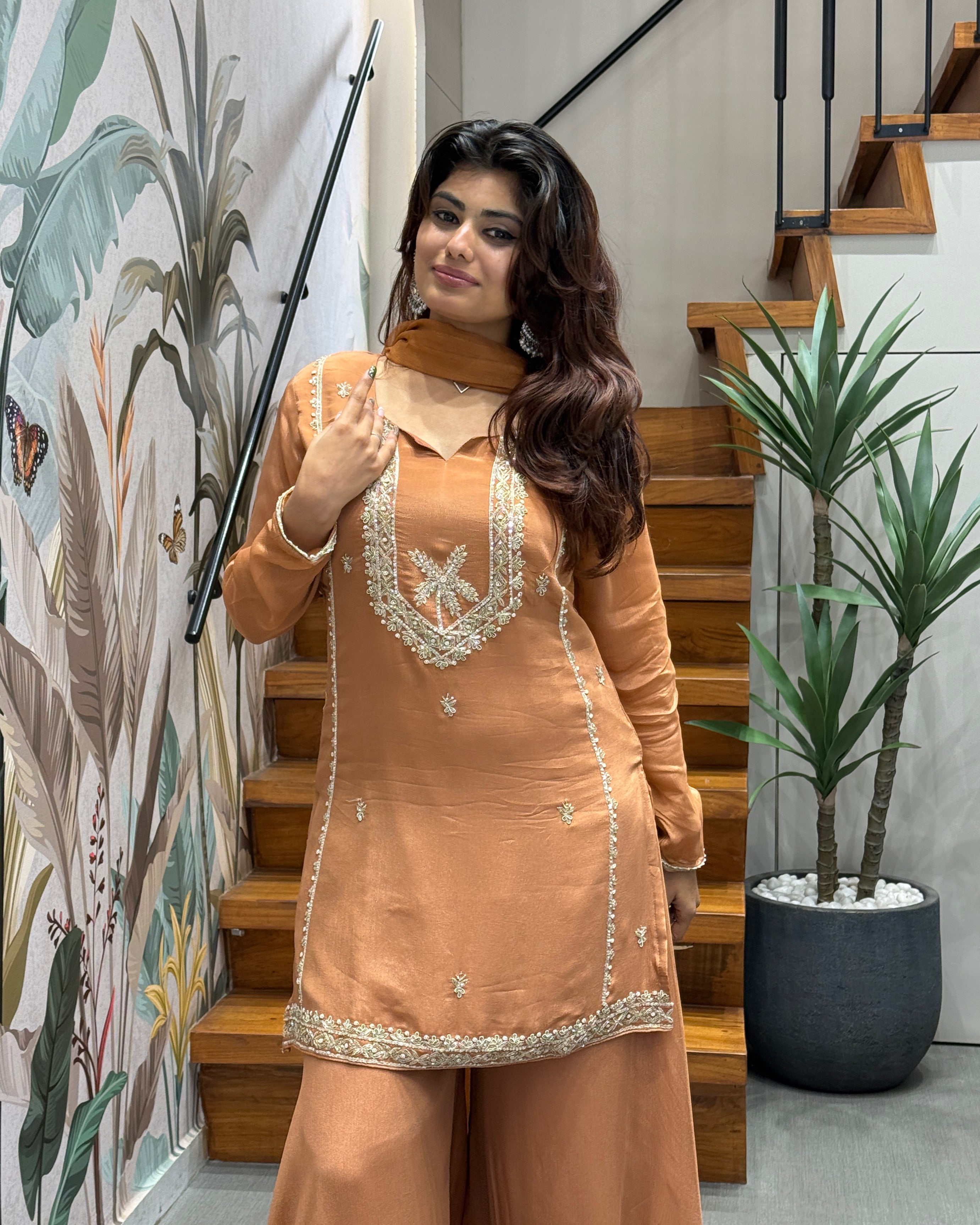 Elegant Mustard Gold Handworked Palazzo Set with Dupatta