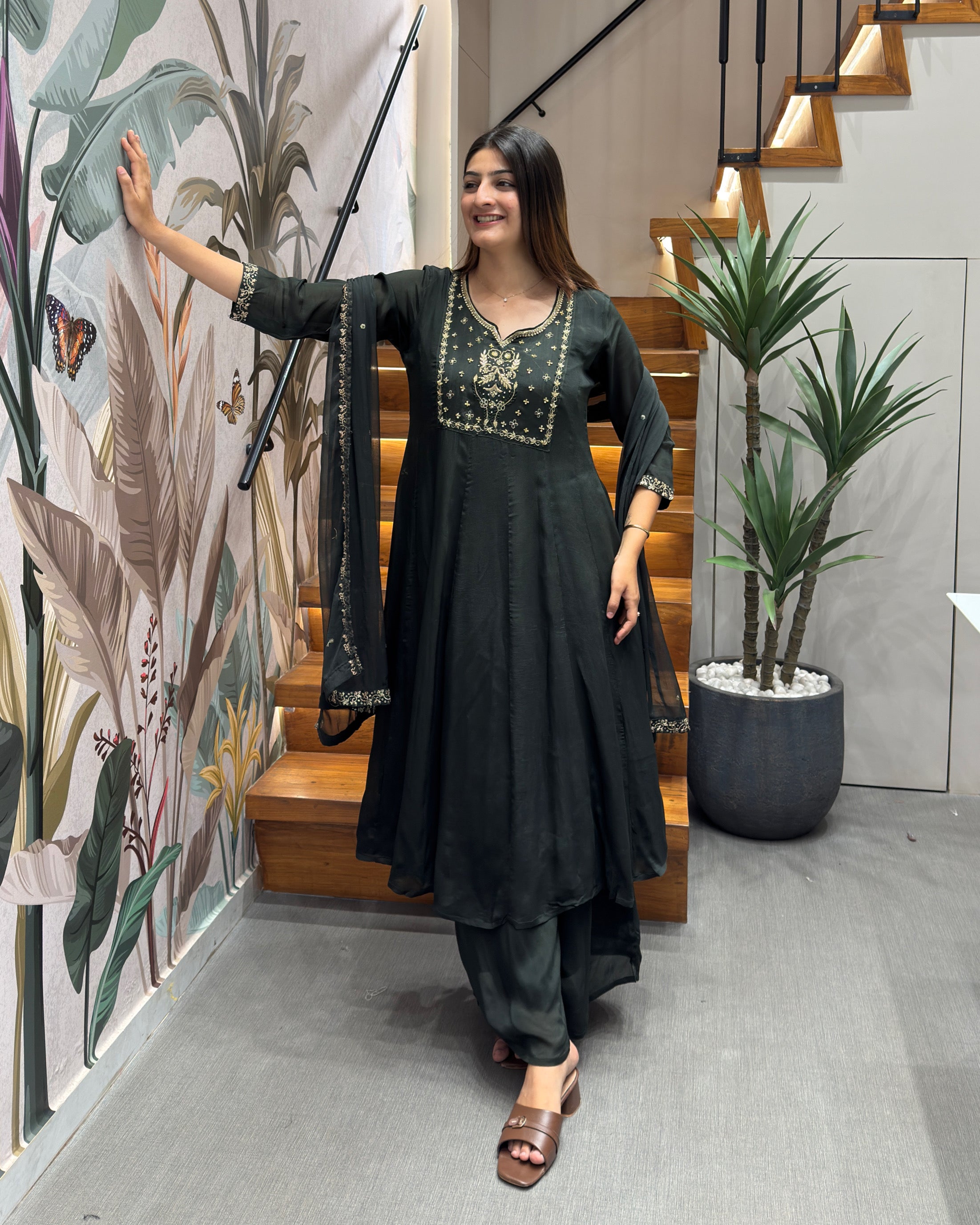 Midnight Elegance Handwork Kurta Set with Dupatta & Palazzo
