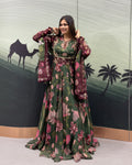 Bottle Green Floral Handwork Gown Set with Dupatta