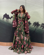 Bottle Green Floral Handwork Gown Set with Dupatta