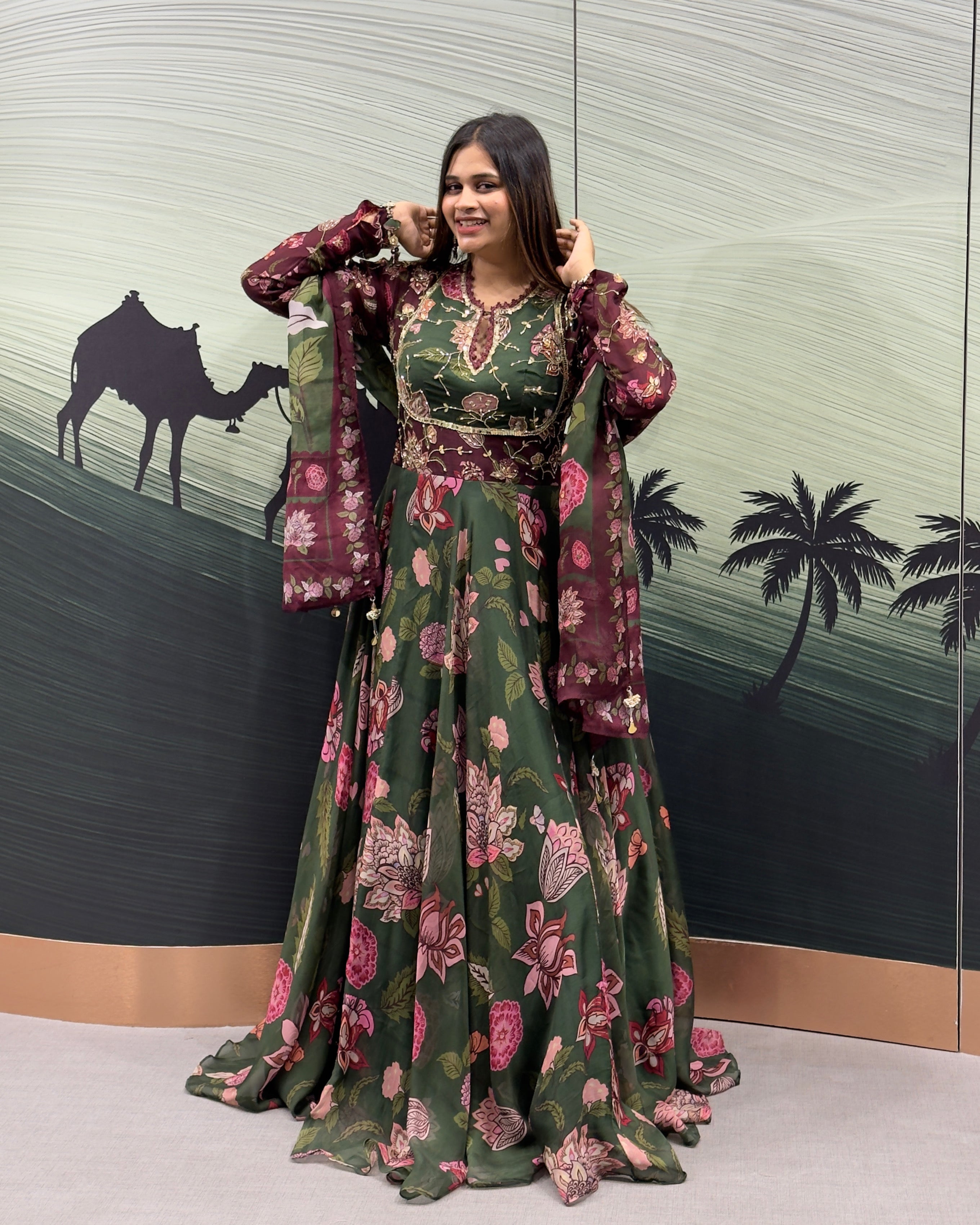 Bottle Green Floral Handwork Gown Set with Dupatta