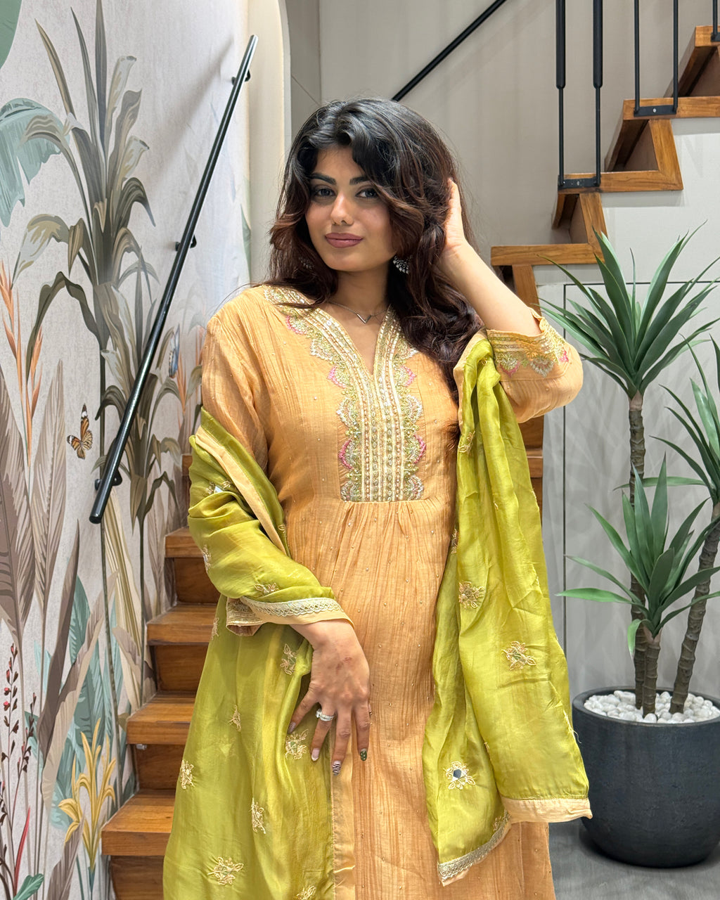 Peach Kurti with Olive Green Dupatta