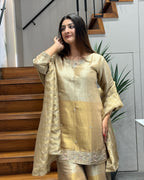 Elegant Champagne Gold Handworked Palazzo Set with Dupatta