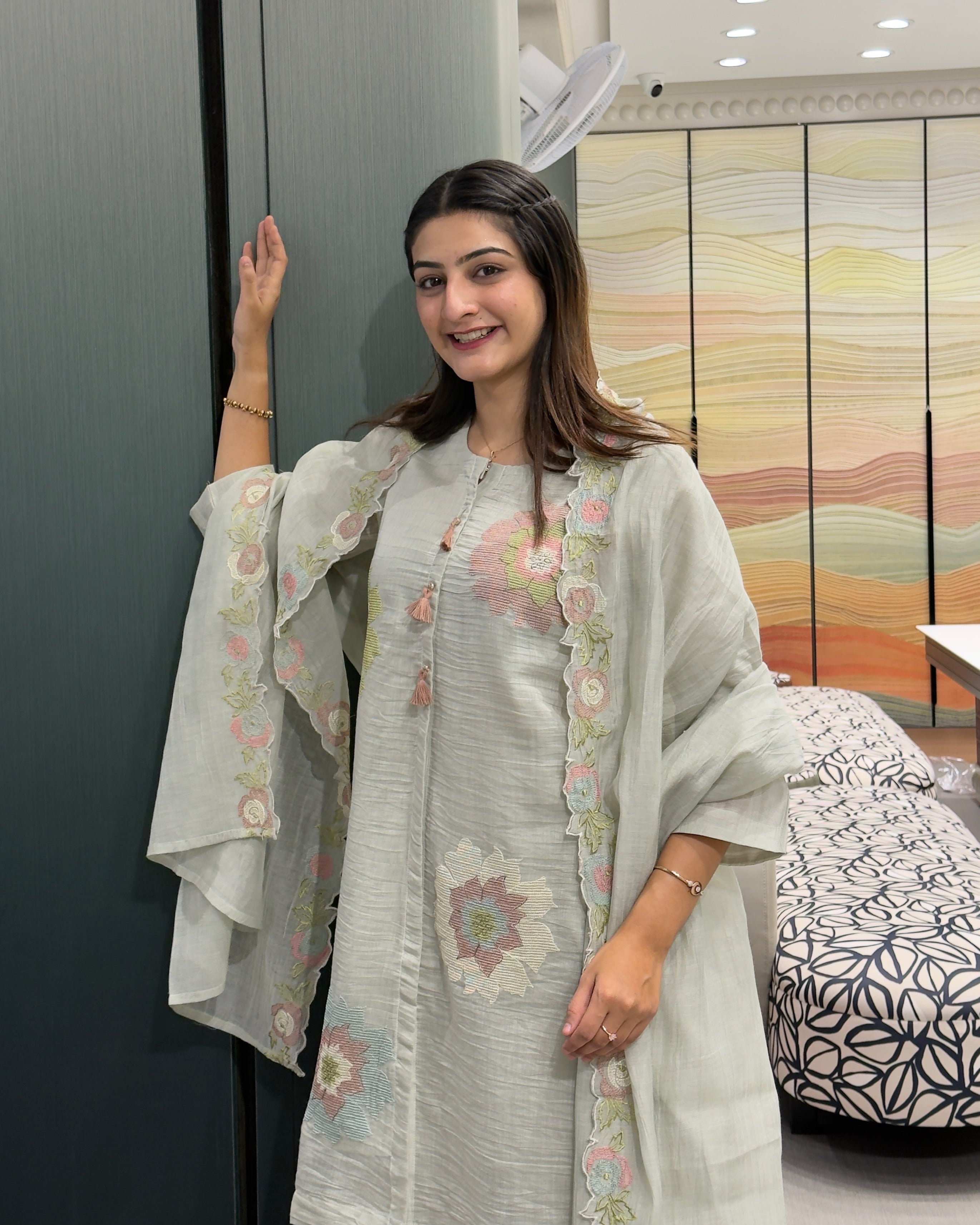 Floral Pure Mal Cotton 3-Piece Kurta Set with Dupatta