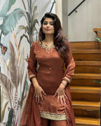 Elegant Handworked Rust Brown Palazzo Set with Dupatta