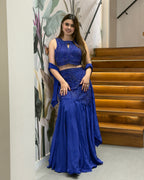 Royal Blue Pure Handworked Fish Cut Lehenga Set with Designer Blouse & Dupatta
