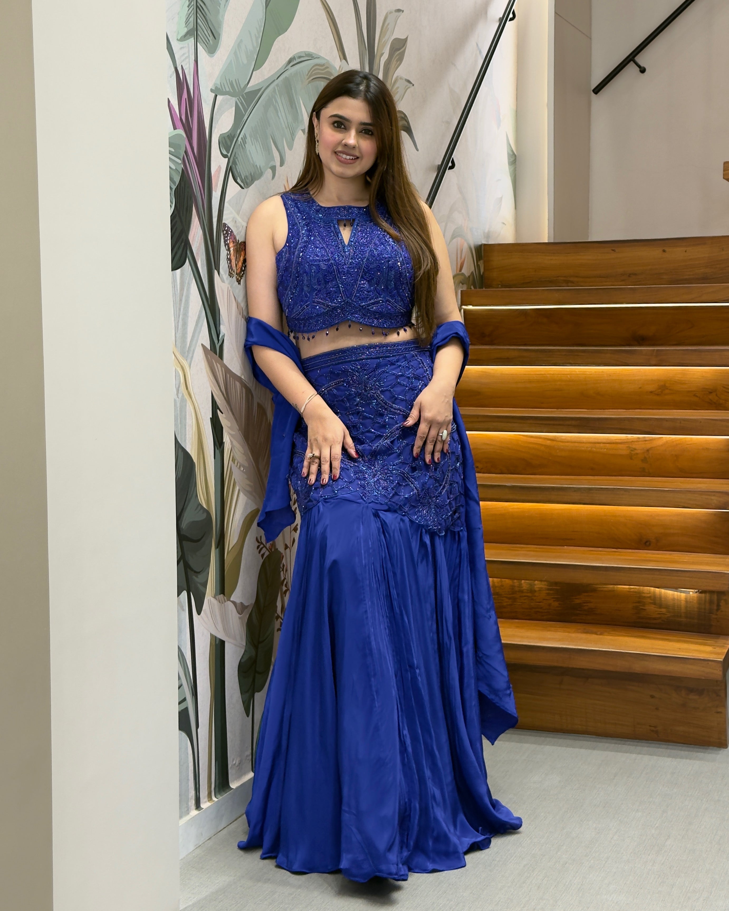 Royal Blue Pure Handworked Fish Cut Lehenga Set with Designer Blouse & Dupatta